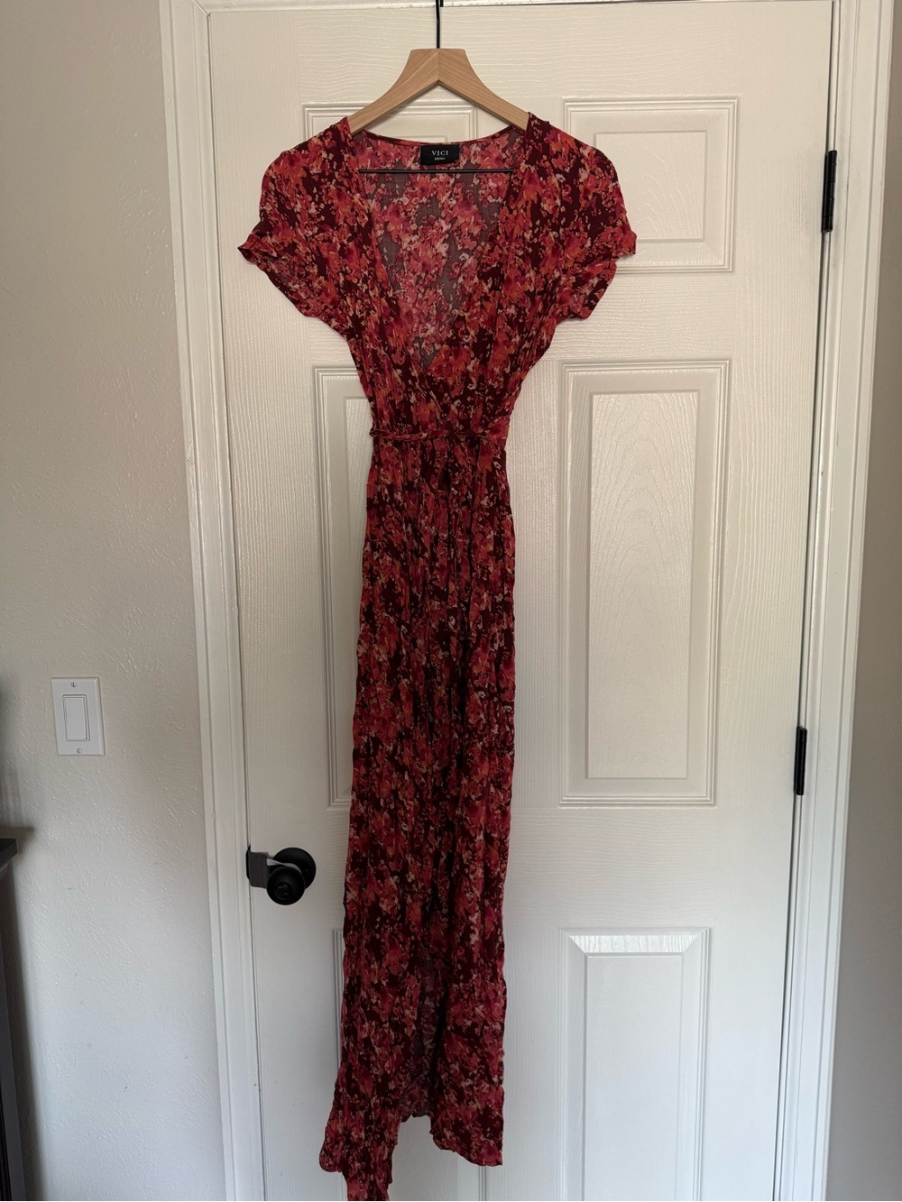 VICI Red Floral Short-Sleeve Wrap Maxi Dress
